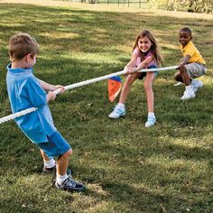 Teamwork and cooperation is essential for a good Tug of War game! Here's how you play: choose a level playing surface, such as a grassy field, mark a line on the ground and divide up equally into teams. Line up the teams on each side of the tug of war rope and pull, tug, pull! The goal is to stay on your side of the center line, if your team crosses over, other side wins! Made of a polyester fiber, our tug of war rope is extra soft and won't hurt little hands! Rope is 11 ft. 10" with a 1 1/2" di Field Day Games, Sports Games For Kids, Outside Games, Fun Outdoor Games, Star Wars Birthday Party, Beach Games, Children Playing, Star Wars Birthday, Camping Games