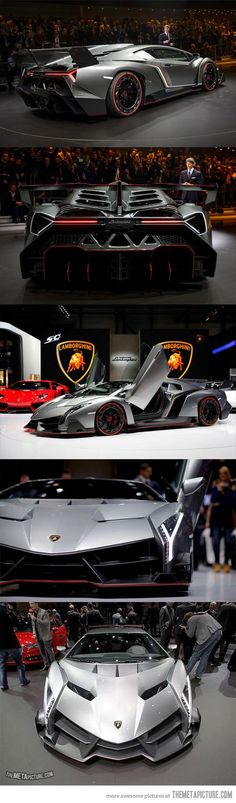 four different views of cars on display at an auto show