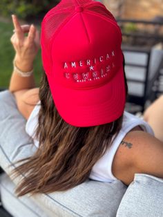 American Cowgirl - Red Trucker Hat - Cowgirl Hat - USA - 4th Of July - Western - Country - Retro - Vintage - Embroidered Foam Trucker Hat Stand out from the crowd with this trendy foam trucker hat! This head accessory is made with high-quality polyester and foam that guarantees a premium look and feel. The foam trucker hat has an adjustable snap that ensures a comfortable fit, and the mesh back provides great breathability. The matching color braid gives the hat an extra oomph. Style it with you Summer Red Baseball Cap With Letter Print, Red Curved Bill Hat For Summer, Red Summer Hat With Curved Bill, Trendy Red Trucker Hat, Red Curved Bill Trucker Hat For Summer, Red Casual Baseball Cap For 4th Of July, Red Patriotic Summer Hat, Red Hats With Letter Print And Curved Bill, Red Trucker Hat Baseball Cap For Spring