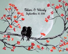 two birds sitting on a tree branch with the moon in the background and red leaves