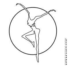 a black and white line drawing of a woman in the middle of a circle with an arrow