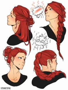 some red hair with braids on top and one ponytail in the middle, while another is