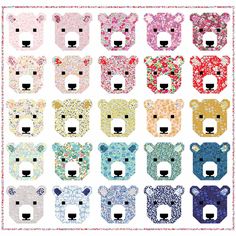 a quilted teddy bear pattern with many different colors and patterns on the bears face