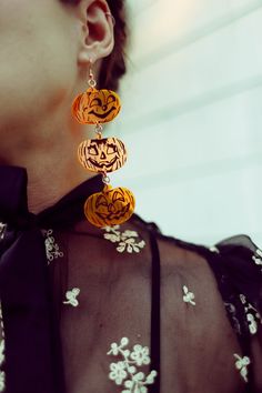 "Laser cut acrylic Halloween earrings! 3 cutie Jack-O-Lanterns with different faces!! Translucent orange 1/8\" thick acrylic with black painted details Nickel + lead free hooks and findings." Beistle Halloween, Goth Things, Autumn Earrings, Different Faces, Jack O'lantern, Halloween Jack O Lanterns, Halloween Jack, Fall Earrings, Laser Cut Acrylic