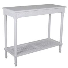 a white console table with perfored legs and a shelf on the bottom,