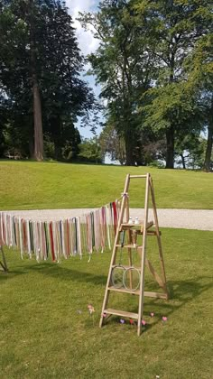 a wooden ladder sitting on top of a lush green field