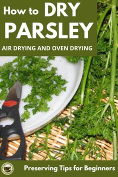 an image of how to dry parsley on a plate with scissors and cutting board