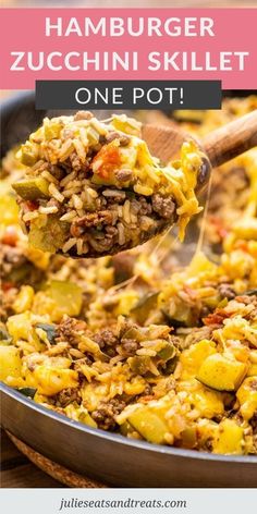 hamburger zucchini skillet in a pan with a spoon full of one pot