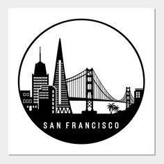 the san francisco skyline in black and white is featured on a circular sticker that reads,