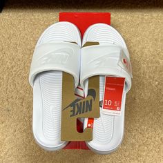 Nike Victori One Slide White Size 10 White Slip-resistant Sandals For Spring, White Slip-resistant Flat Sneakers, White Slide Sneakers For Summer, Sporty White Sneakers With Textured Footbed, Casual White Slip-resistant Sandals, Nike White Sandals For Streetwear, White Nike Sandals For Streetwear, Sporty White Slip-resistant Sandals, White Sporty Slip-resistant Sandals