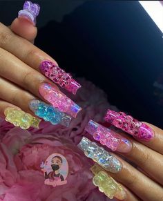 Pastel Drip Nails, Soft Pink Nails With Rhinestones, Long Acrylic Nail Designs, Cute Acrylic Nail Designs, Acrylic Nails Coffin Pink, Long Square Acrylic Nails, Unique Acrylic Nails