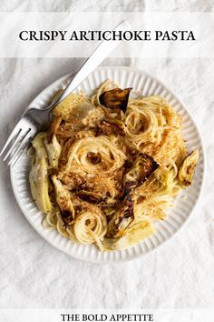 A plate of crispy artichoke pasta on white linen table cloth. Lemon Artichoke Pasta, Pantry Pasta, Roasted Artichokes, Quick Pasta Dishes, Roasted Artichoke, Creamy Pasta Sauce, Artichoke Pasta, Quick Pasta, Butter Pasta