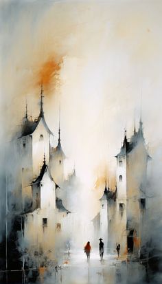 an abstract painting of two people walking in front of a castle like building with spires