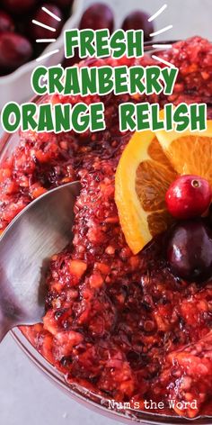 fresh cranberry orange relish in a bowl with spoon