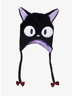 Studio Ghibli Kiki's Delivery Service Jiji Tassel Beanie Studio Ghibli Kiki's Delivery Service, Ghibli Kiki's Delivery Service, Beanie Collection, Pop Culture Outfits, Culture Outfits, Velvet Bows, Embroidered Eyes, Kiki Delivery, Purple Details