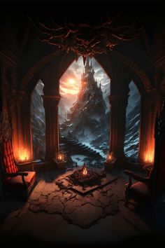 an image of a fantasy setting in the middle of winter with fireplaces and chairs