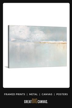 an abstract painting with white and blue colors on the water, it is framed in black