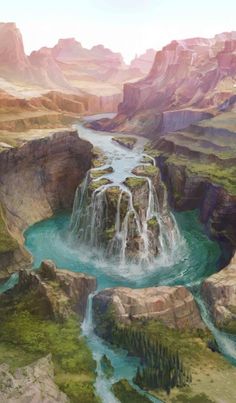 an artist's rendering of a waterfall in the mountains with water flowing from it