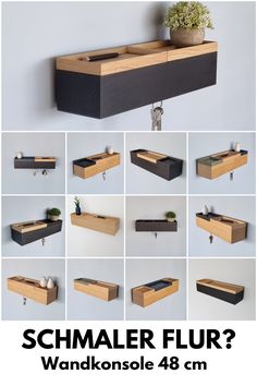 the shelf is made out of wood and has several compartments