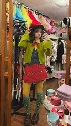 Quirkycore Outfits, Whimsy Twee Makeup, Funky Layered Outfits, Jestercore Outfits, Primary Color Outfit, Funky Tights Outfits, Maxamilist Outfits, Emerald Green Outfits