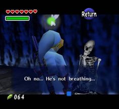 an animated video game with a skeleton in the foreground and another character on the right