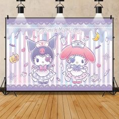 an image of two cartoon characters on a stage with wooden floor and wall in the background