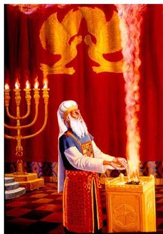 a painting of a man lighting a menorah in front of a red curtain