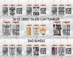 six glass tumblers with different designs on them and the words dad bundle written below