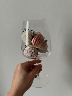 a hand holding a wine glass filled with desserts