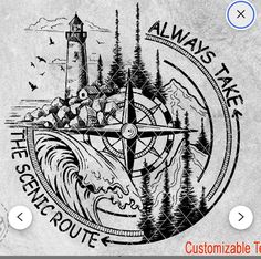 an image of a compass with the words always take route on it and trees in the background