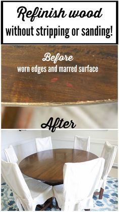 the before and after photos of a dining room table with white chairs, wood staining on