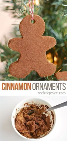 cinnamon ornament in a white bowl next to a christmas tree with an ornament hanging from it