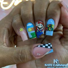 Mario Brother Nails, Cartoon Nails Disney, Super Mario Nails, Mario Nail Art, Jason Nails, Mario Nails, Cartoons Nails, Gel X Set, Japan Nails