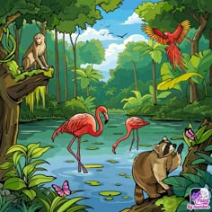 the animals are in the jungle by the water