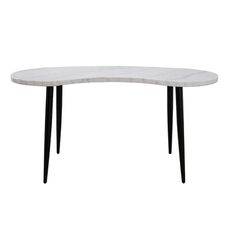 an oval marble table with black legs and a white top, against a white background