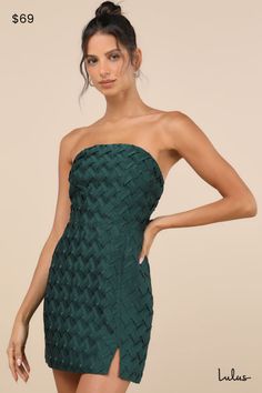 Step out in the Lulus Modern Event Emerald Woven Texture Strapless Bodycon Mini Dress and you'll be getting cuties all evening long! Sleek woven satin shapes this stunning little dress that has a unique, allover woven texture. Strapless bodice has a straight neckline with hidden no-slip strips that finishes at fitted waist. Skirt has a bodycon silhouette that falls to a mini hem with a flirty side notch. Hidden zipper/clasp at back. Fit: This garment fits true to size. Length: Mid-thigh. Bust: Works best for A to C cup sizes - consider sizing up for fuller bust. Waist: Fitted - very fitted at natural waist. Hip: Fitted - consider sizing up for fuller hips. Undergarments: May be worn with a strapless bra, adhesive bra, petals, or no bra. Fabric: Fabric has no stretch. Lined. Shell: 100% Pol Adhesive Bra, Straight Neckline, Woven Texture, Little Dresses, Strapless Bra, Bodycon Mini Dress, Large Size Dresses, Hidden Zipper, Green Dress