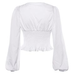 Material: Polyester,Spandex Clothing Length: Short Style: Casual Fabric Type: Woven Sleeve Length(cm): Full Decoration: Ruffles Pattern Type: Solid Collar: Square Collar Sleeve Style: lantern Sleeve Model Number: S18BL0533 Gender: Women Fitted Ruched Tops For Brunch, Spring Fitted Blouse With Ruffle Hem, Fitted Cotton Tops With Ruffles, Fitted Feminine Top With Ruffle Hem, Puff Sleeve Stretch Blouse, Stretch Puff Sleeve Solid Color Top, Fitted White Blouse For Fall, Spring Ruched Top With Lantern Sleeves, White Ruched Blouse For Fall