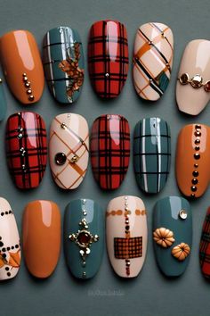 Enjoy the coziest season with these stunning fall plaid nail designs! From classic tartan to modern twists, these patterns and textures will add warmth to your nail game. Flannel Nails, Fall Plaid Nails, Tartan Nails, Plaid Nail Designs, Plaid Nail Art, Thanksgiving Nail Designs, Pink Gel Nails, Graduation Nails, Fall Nail Trends