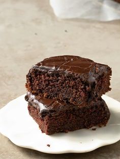 two pieces of chocolate cake sitting on top of a white plate next to each other