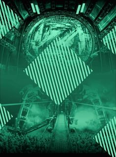 an abstract photo with green and black lines in the center, surrounded by other images