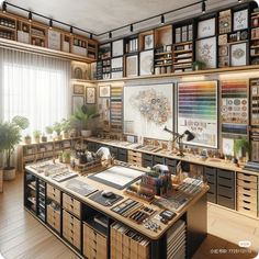 an artist's studio with lots of art supplies on the desk and shelves full of books