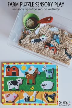 a plastic container filled with cereal and farm puzzles