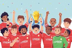 a group of men standing next to each other in front of a trophy