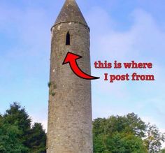 a tall tower with a red arrow pointing to the top that says, this is where i post from