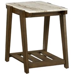 a marble top end table with wooden frame and shelf for storing items or other things