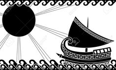 a black and white drawing of a boat in the ocean with sun shining behind it