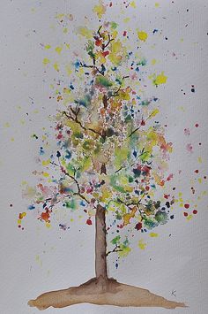 a watercolor painting of a tree with multi - colored leaves