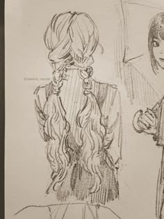 a drawing of two people standing next to each other, one with long hair and the other without