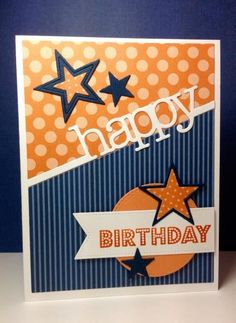 a birthday card with an orange and blue background, stars on the bottom right corner