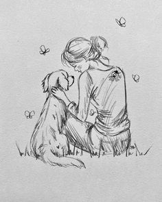 a drawing of two people sitting next to a dog